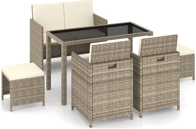 BOWERY HILL Contemporary Synthetic Poly Rattan 6-Piece Patio Dining Set, Powder-Coated Beige/Cream Finish, Cushioned Seats, Weather-Resistant Outdoor Dining Furniture for Garden or Terrace