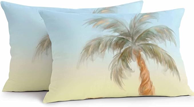 Yukro Summer Palm Tree Outdoor Waterproof Pillow Covers Pack of 2, Coastal Tropical Plant Watercolor Texture Throw Pillowcases Decorative Cushion Covers for Garden Patio Tent Sofa Couch, 20x12 inch