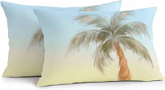 Yukro Summer Palm Tree Outdoor Waterproof Pillow Covers Pack of 2, Coastal Tropical Plant Watercolor Texture Throw Pillowcases Decorative Cushion Covers for Garden Patio Tent Sofa Couch, 20x12 inch