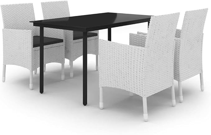 Afuera Living 5-Piece PE Rattan Patio Dining Set, Rectangular Table and 4 Cushioned Chairs, Weather-Resistant Powder-Coated Steel Frame, White Finish, Modern Outdoor Furniture for Garden, Balcony,