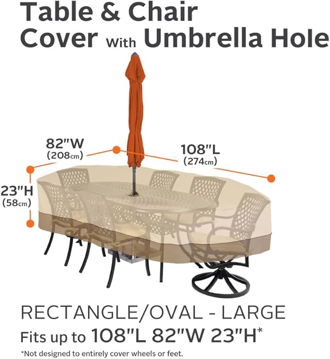 Classic Accessories Veranda 108" L Patio Table Cover with Umbrella Hole Pebble/Large/Rectangular/Oval, Outdoor Table Cover