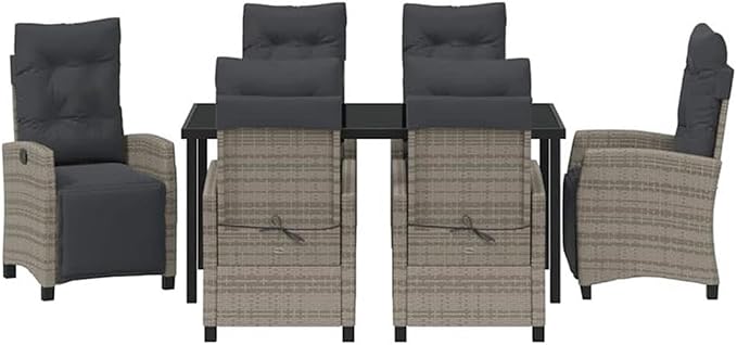 Afuera Living 7 Piece Poly Rattan Patio Dining Set, Gray Woven Texture, Glass-Topped Table, Steel Frame, Cushioned Chairs with Adjustable Backrests, Modern Outdoor Furniture for Garden or Terrace