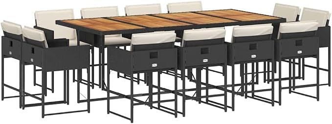 13 Piece Patio Dining Set with Cushions Black Poly Rattan Outdoor Furniture Table and 12 Folding Chairs for Garden Backyard Entertaining UV Proof 242.5 lb Load Capacity