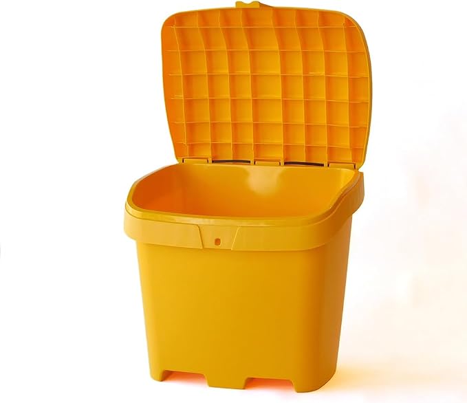 FCMP Outdoor 31-Gallon Salt & Sand Storage Bin, Yellow - Lockable Lid, Weather-Resistant UV-Resistant Plastic, Forklift Pockets, Deck Box for Patio & Garden