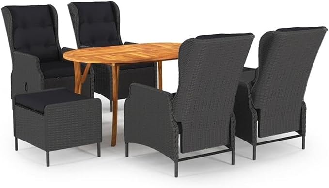 BOWERY HILL 7-Piece Patio Dining Set, Solid Acacia Wood Table with PE Rattan Chairs, Oiled Finish, Waterproof Cushions, Dark Gray/Black, Modern Style Outdoor Furniture for Garden or Terrace