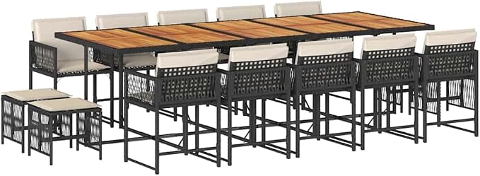 Garden Dining Set Black and Brown 14-Seater Outdoor Rattan Table and Chairs with Cushions for Patio Backyard Balcony