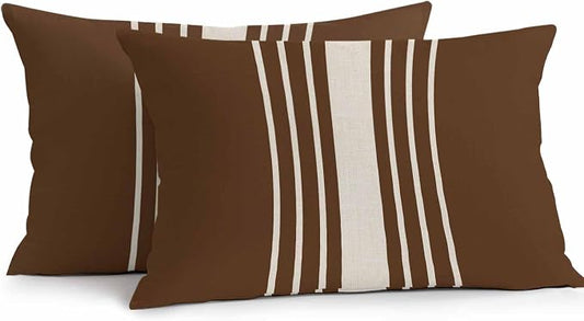 Vandarllin Outdoor Throw Pillows Covers 20x12 inch Set of 2 Waterproof Brown Vertical Stripes Decorative Zippered Cushion Covers for Patio Furniture, Classic Striped Linen Lumbar Pillowcases