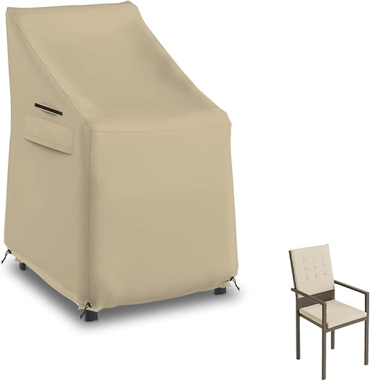 Seal Skin Covers Waterproof High-Back Chair Cover, Heavy Duty Outdoor Furniture Cover with Drawstring, Buckles, Air Vent, Durable Fabric (Beige, 27" L x 27W x 49" H)