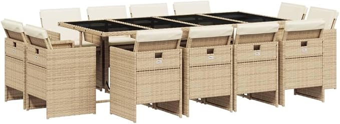 13-Piece Patio Dining Set with Cushions Beige Poly Rattan Outdoor Furniture Set, Tempered Glass Table & 12 Foldable Chairs for Garden Backyard Balcony