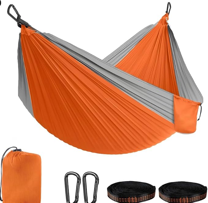 Adult Double Camping Hammock, 10ft x 6.5ft (300x200cm), Orange and Gray, 210T Nylon, 500 Lbs Weight Capacity, Portable with Storage Bag, d-Rings & Wide Straps, Breathable & Durable for Outdoor, Campin