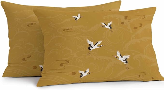 Japanese Style Outdoor Pillow Covers 20x12 Inch Lumbar Pillow Covers Set of 2 Waterproof Decorative Throw Pillow Cases Vintage Art Cranes Ocean Wave Yellow Cushion Covers for Patio Furniture Garden