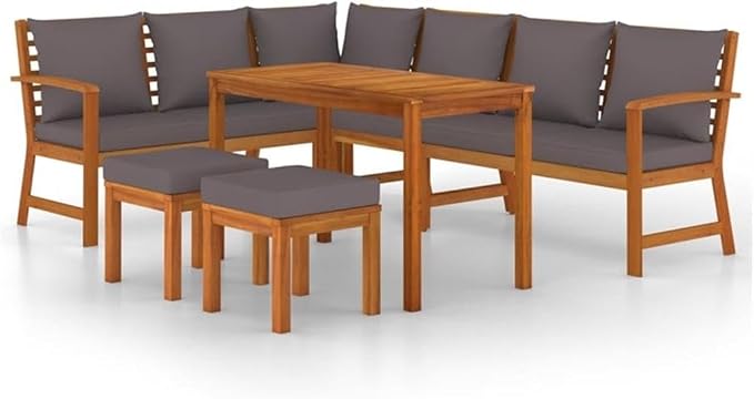Afuera Living 7-Piece Patio Dining Set, Solid Acacia Wood with Dark Gray Water-Resistant Cushions, Modular Outdoor Furniture, Rustic Style for Garden, Terrace or Backyard