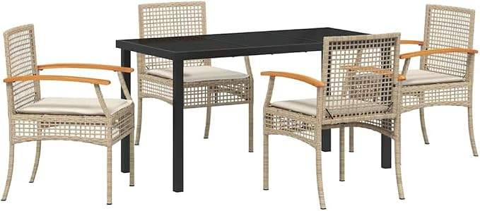 7-Piece Outdoor Dining Set, Garden Rattan Table with 6 Armchairs, Patio Furniture with Comfortable Cushions for Backyard, Deck, and Dining Area, Beige and Black