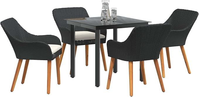 5-Piece Garden Dining Set with Cushions Black Poly Rattan Patio Outdoor Furniture Table and Chairs for Backyard Deck Poolside Entertaining