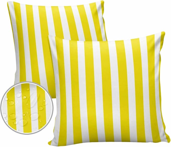 Outdoor Waterproof Throw Pillow Covers 24x24in, Striped Line Yellow Cushions for Garden Patio Furniture Chairs Set of 2, Geometric Texture Home Decor Couch Sofa Polyester Pillow Cases