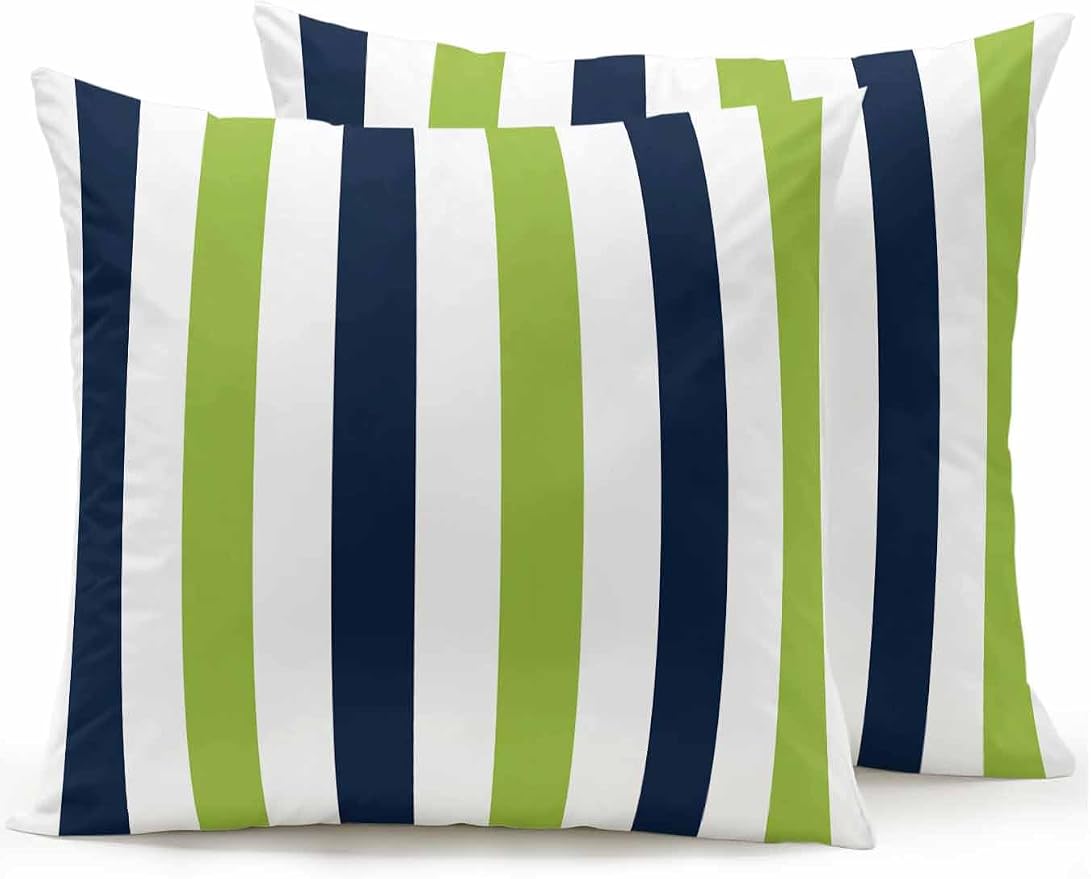 Outdoor Pillows Waterproof, Green Navy Blue Striped Bedding Throw Pillows with Insert for Couch Sofa Bed, Farmhouse Stripe Art 18x18 Inch Pillowcases Decorative Camping Patio Pillow Set of 2