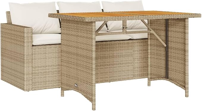 2 Piece Patio Dining Set with Cushions Beige PE Rattan Outdoor Bistro Table and Chairs Set for Garden Backyard Deck, Wooden Comfortable Seating with Removable Washable Covers, Powder Frame UV Proof