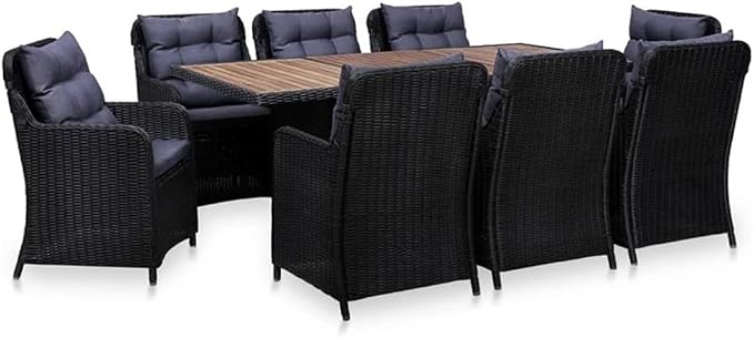 Afuera Living Outdoor Patio Dining Set, Acacia Wood Table with Black Powder-Coated Steel Frame, Includes 8 Cushioned Seats, Weather-Resistant, Vintage Style for Garden or Terrace, 9-Person Seating