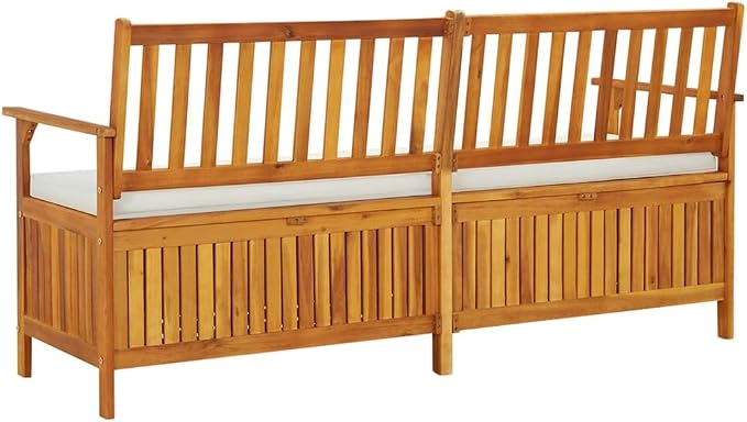 Patio Storage Bench with Cream White Cushion, Outdoor Wooden Deck Box, Solid Wood Patio Furniture for Outdoor Cushions, Pool Storage and Garden Tools, 66.9"x24.8"x33.1", -334