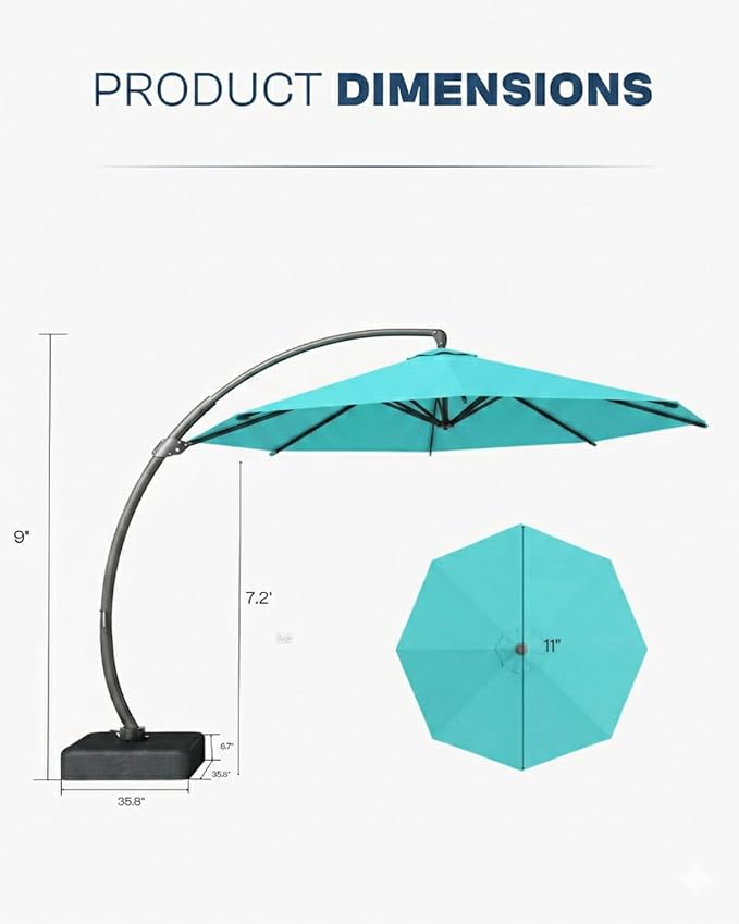 11 FT Cantilever Umbrella with Base Included, Large Round 360° Rotation Offset Umbrella Outdoor Patio, Heavy Duty Aluminum Frame, Sand-Weighted Stand, for Deck, Backyard, Pool, Garden (Teal)