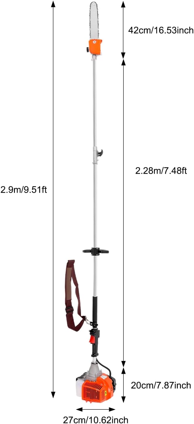 52CC Pole Saw Gas Powered,2 Stroke Gas Pole Chain Saw Cordless Tree Pruner,Extendable Chainsaw Tree Trimmer for Tree Trimming agricultur Pole Saw Gas,Hedge Trimmer W/Extension Pole & Back Strap