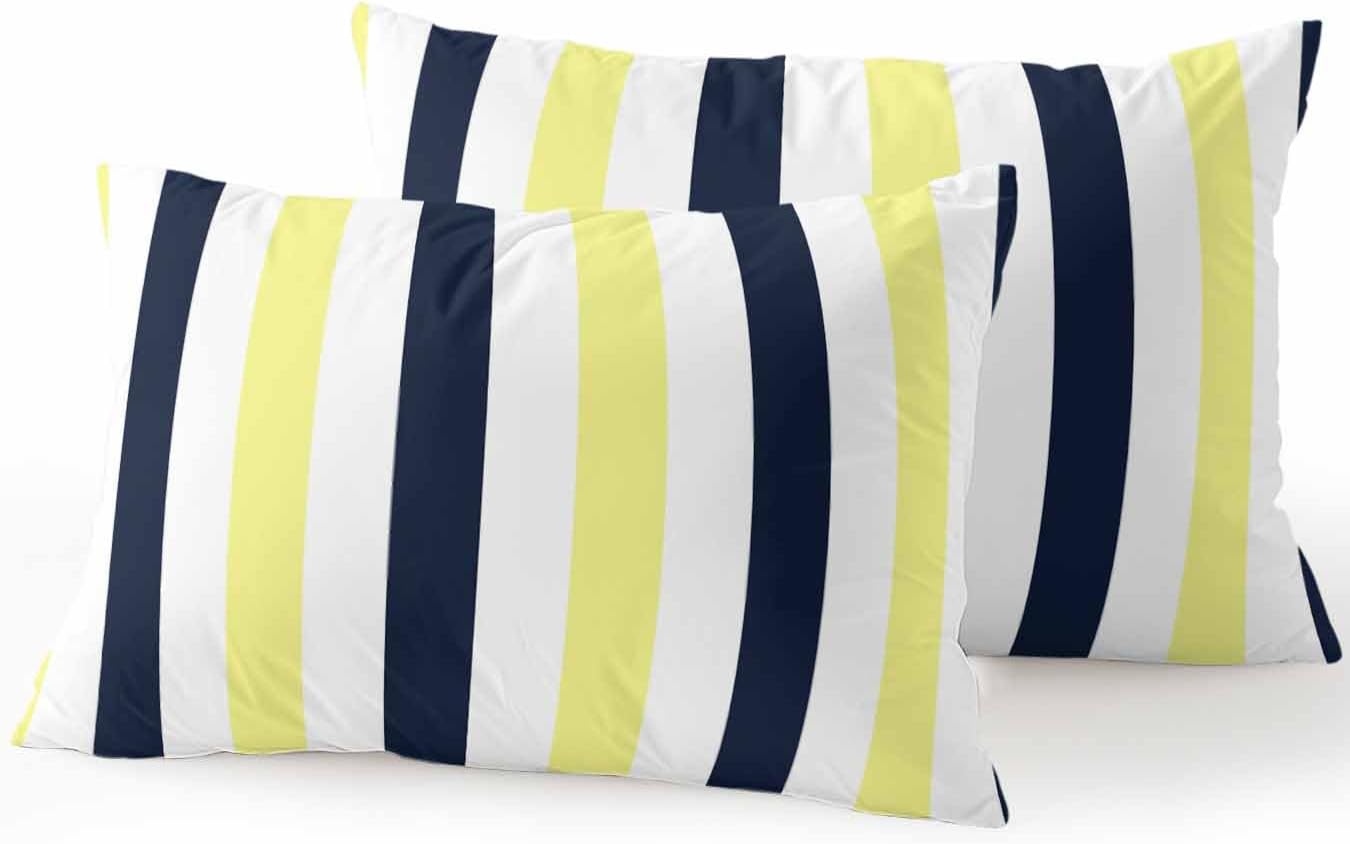 Outdoor Pillows Waterproof, Yellow Navy Blue Striped Bedding Throw Pillows with Insert for Couch Sofa Bed, Farmhouse Stripe Art 12x20 Inch Pillowcases Decorative Camping Patio Pillow Set of 2