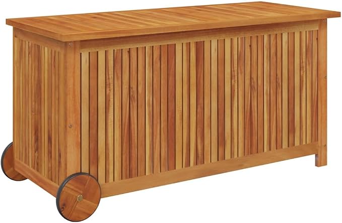 Outdoor Garden Storage Box with Wheels, Solid Acacia Wood Deck Chest for Patio Backyard Furniture, 44.5 x 19.7 x 22.8 Inches
