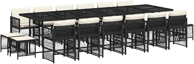 17 Piece Garden Dining Set, 16 Person Outdoor Dining Table and Chairs with Cream White Cushions, Black Poly Rattan and Steel Frame for Patio and Terrace, 130in Long