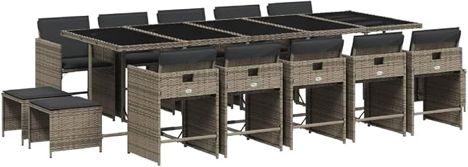 15 Piece Outdoor Dining Set, Poly Rattan Garden Table and 14-Seater Patio Chairs with Cushions, Space-Saving Cube Furniture for Backyard, Balcony, Gray