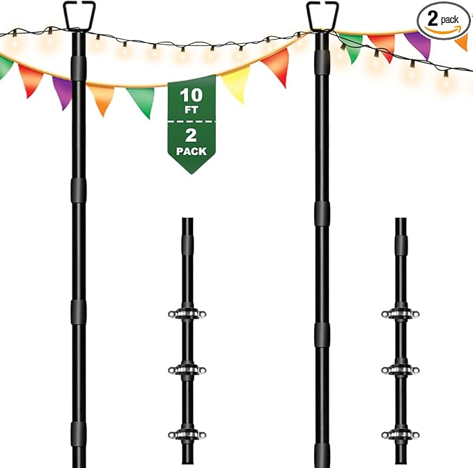 10Ft String Light Poles for Outside - 2 Pack Adjustable Metal Poles for Outdoor String Lights, Rustproof & Sturdy Light Stand Posts for Patio, Backyard, Deck, Garden, Party Decorations
