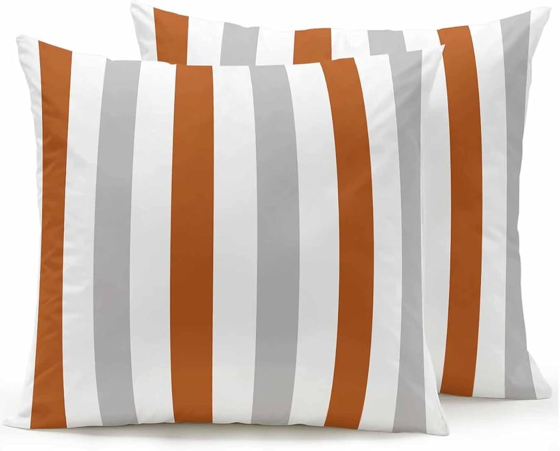 Outdoor Pillows Waterproof, Burnt Orange Gray Striped Bedding Throw Pillows with Insert for Couch Sofa Bed, Farmhouse Stripe Art 16x16 Inch Pillowcases Camping Patio Pillow Set of 2