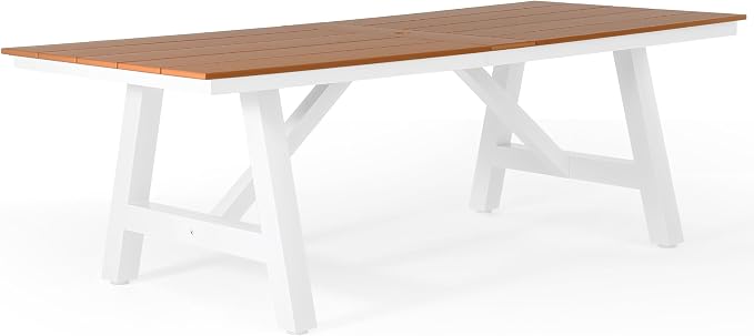 WestinTrends Cape May 9-Piece HDPE Outdoor Furniture Patio Dining Table with Umbrella Hole and Chairs Set for 8, Teak