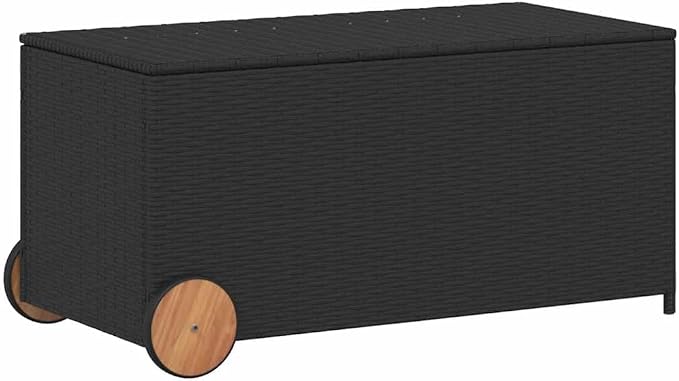 42x22x21 inch Garden Storage Box Black PE Rattan Outdoor Deck Box with Wheels for Patio, Balcony & Lawn Furniture, 50 gal Storage Chest for Cushions, Tools, Toys