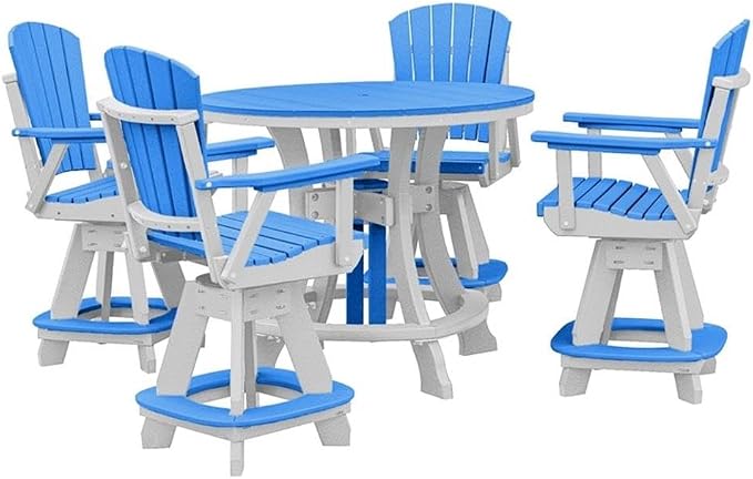 Pemberly Row Coastal 5-Piece Round Counter Height Dining Set, High-Density Poly Resin, Blue and White Finish, Fanback Swivel Armchairs, Durable Outdoor Patio Furniture for Seaside Environments