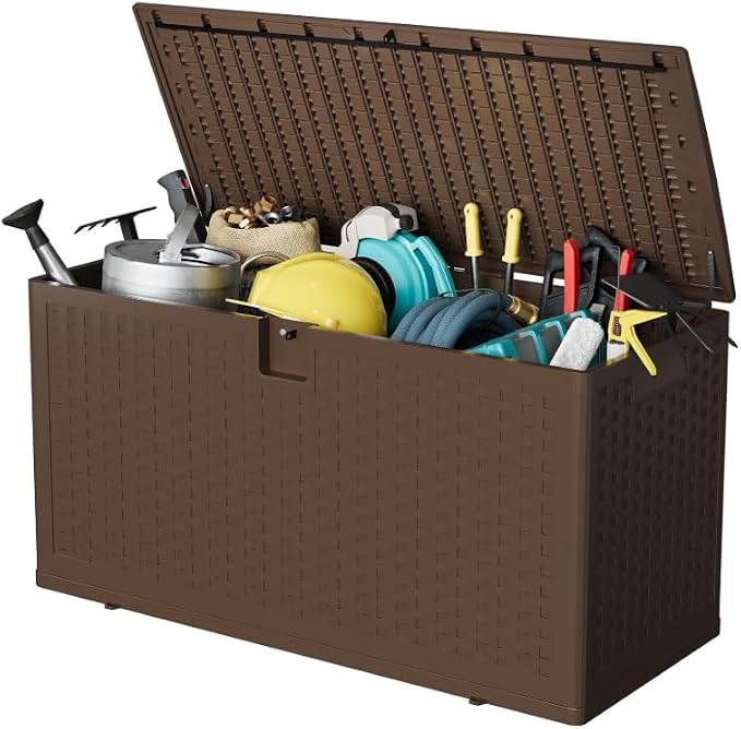 73 Gallon Outdoor Storage Box, Large Waterproof Resin Deck Box Indoor and Outdoor Use, Lockable Patio Storage Box for Garden Cushions, Tools, Equipment, Brown
