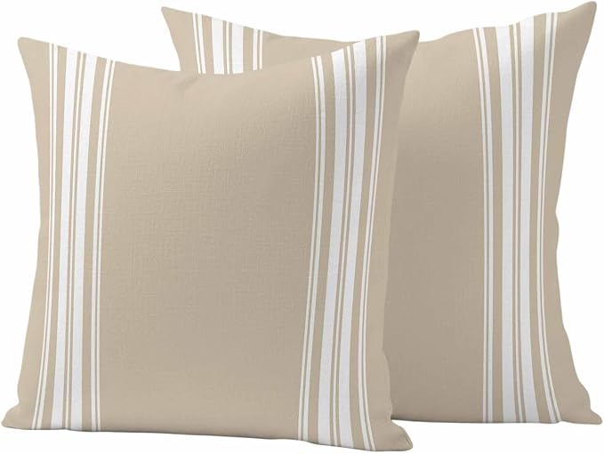 Outdoor Pillow Covers 16x16 Set of 2 Khaki Stripes Outdoor Pillows Waterproof Throw Pillow Covers French Stripe Farmhouse Style Pillowcases Decorative Case for Patio Cushion
