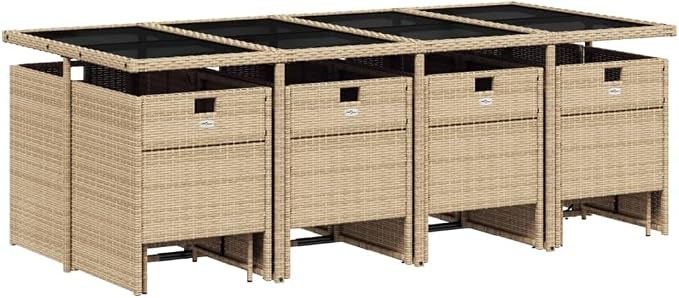 13 Piece Outdoor Patio Dining Set with Cushions, Beige Poly Rattan Garden Table and 8 Folding Chairs with 4 Stools, Space-Saving Tempered Glass Dining Set for Backyard, Lawn, Deck Entertaining