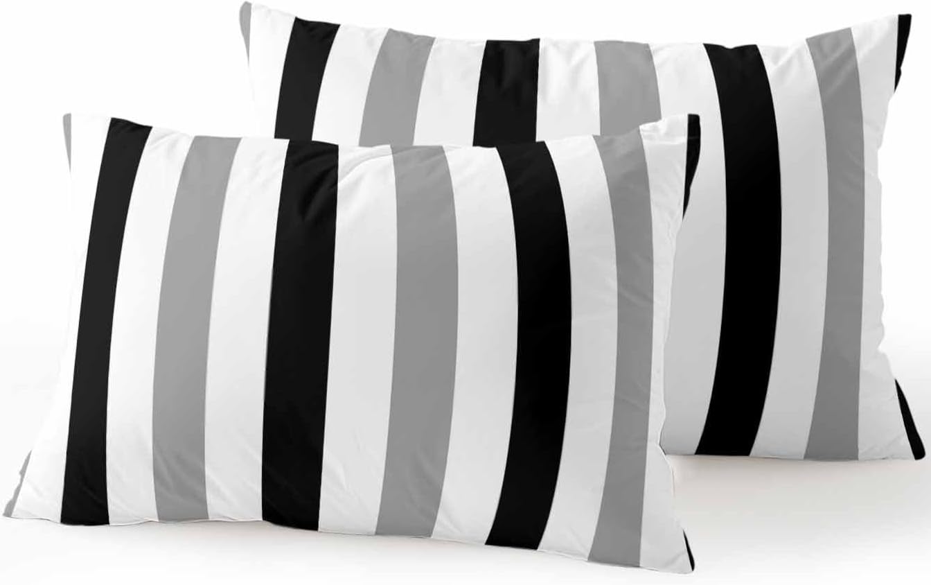 Outdoor Pillows Waterproof, Black Gray Striped Bedding Throw Pillows with Insert for Couch Sofa Bed, Farmhouse Stripe Art 12x20 Inch Pillowcases Decorative Camping Patio Pillow Set of 2