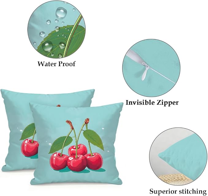 16x16 Inch Outdoor Pillow Covers Set of 2 Waterproof Throw Pillow Covers Decorative Couch Cushion Covers Cherry Cute Square Pillowcases Protectors for Patio Garden Sofa