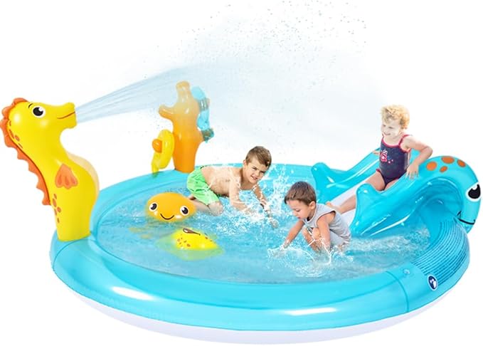 Sea Animal Inflatable Kids Pool with Slide and Sprinkler, Inflatable Play Center with Rings & Animal Figures, 78"x59.5"x15.5" Kiddie Pool for Summer Outdoor Backyard
