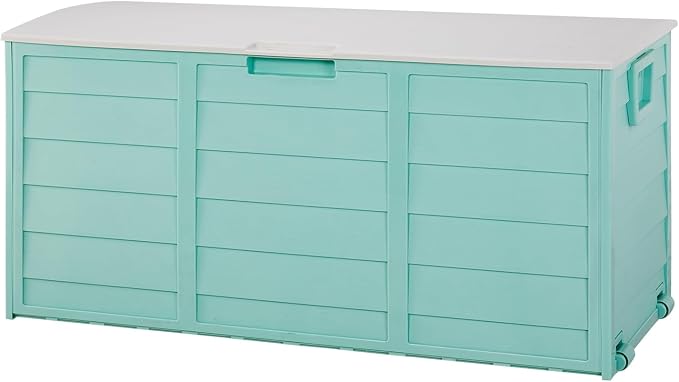 75 Gallon Large Outdoor Storage Box, Indoor and Outside Deck Box with Lockable Design Lids, Waterproof Resin Storage Containers Bin for Garden Garage Patio Poolside Toy Storage White & Green