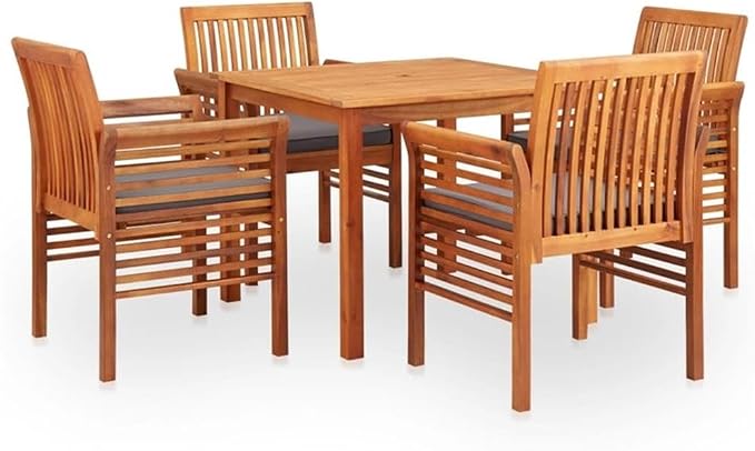Afuera Living 5-Piece Acacia Wood Outdoor Dining Set, Brown Frame with Dark Gray Cushions, Weather-Resistant Fabric, Stackable Chairs, Oiled Finish, Garden Patio Furniture for Small Spaces