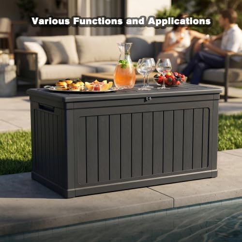 Outdoor Storage Box, Durable Deck Box with Side Handle and Lockable Lid, Deck Boxes Outdoor Waterproof, Large Patio Furniture for Poolside Accessories, Garden Tools, 230 Gallon