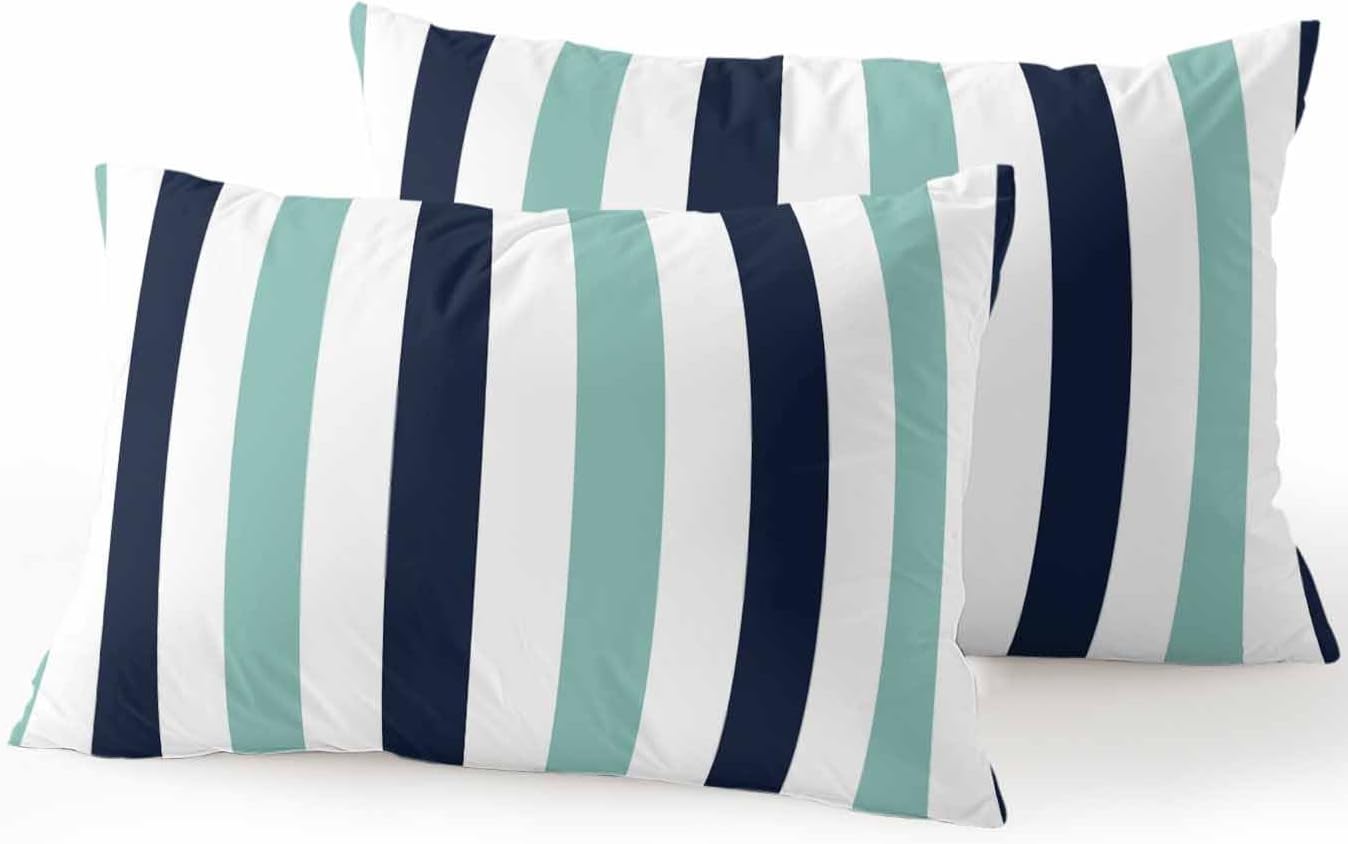 Outdoor Pillows Waterproof, Turquoise Navy Blue Striped Bedding Throw Pillows with Insert for Couch Sofa Bed, Farmhouse Stripe Art 12x20 Inch Pillowcases Camping Patio Pillow Set of 2