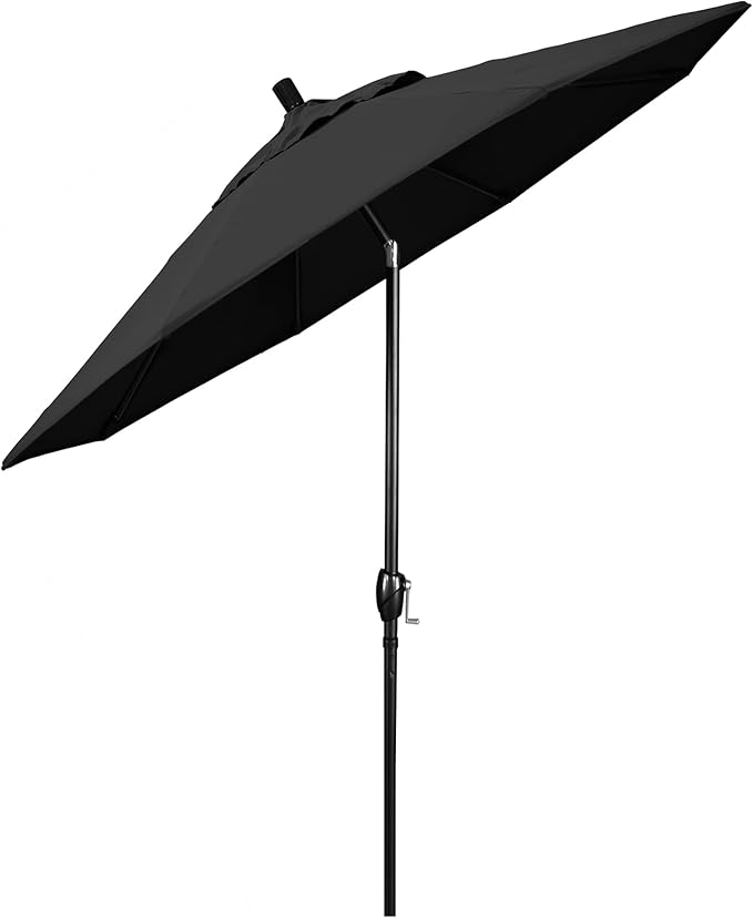 California Umbrella 9' Round Aluminum Market Umbrella, Crank Lift, Push Button Tilt, Black Pole, Black Olefin