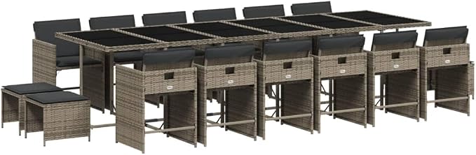17 Piece Patio Dining Set with Cushions, Foldable Poly Rattan Table and Chair Furniture for Garden, Backyard, Deck, Grey