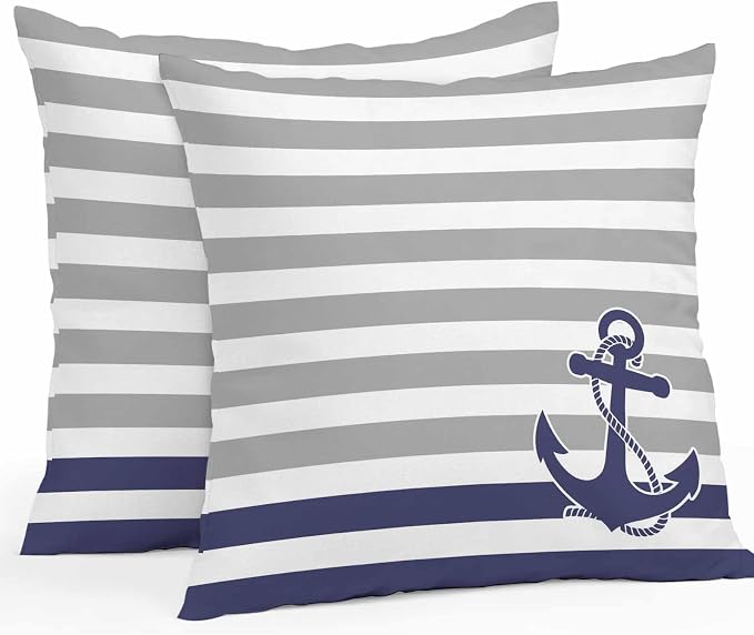 Throw Pillow Covers 20x20 Inch Set of 2, Anchor Gray Waterproof Outdoor Cushion Covers, Modern Navy Blue White Striped Nautical Decorative Pillowcases for Couch, Sofa, Bed, Garden, Patio