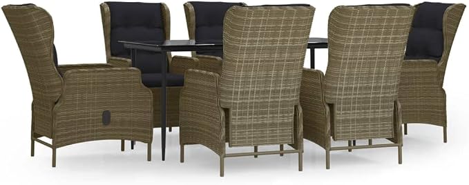 7 Piece Patio Dining Set with Adjustable Backrest, Brown Poly Rattan and Powder Coated Steel Frame, Tempered Glass Tabletop for Outdoor Garden
