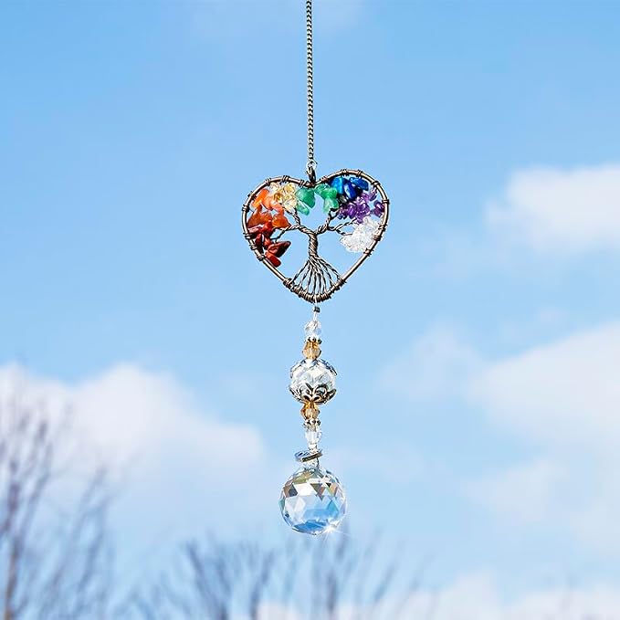 Tree of Life Heart Crystal Ball Prism Suncatcher Pendant Decor | Tree of Life Heart Shaped Crystal Ball Prism Pendant Suncatcher Window Hanging Ornament for Home Garden Office Wedding Decor