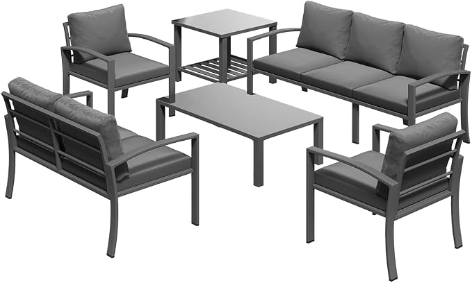U-MAX Aluminum Patio Furniture Set 7 Seats, Modern Furniture Clearance with Coffee Table & Side Table, Patio Conversation Sets with Deep Cushions for Lawn, Garden, Porch, Balcony, Dark Grey